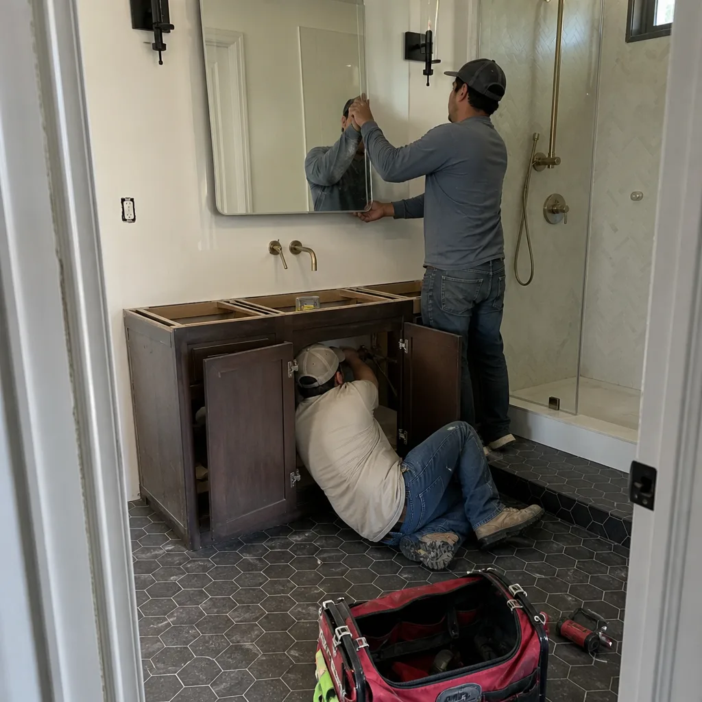 Contractors installing bathroom vanity and wall mirror during professional remodel