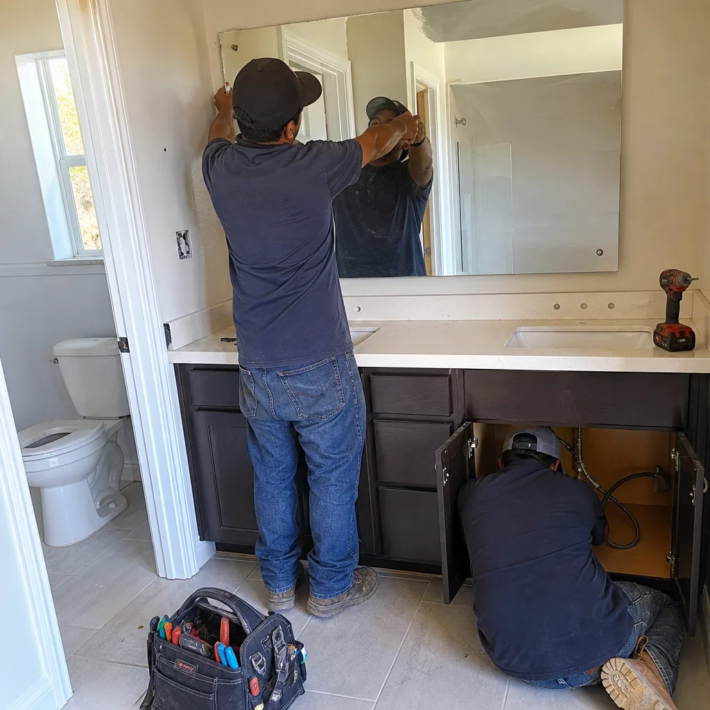 Contractors performing bathroom remodeling and vanity plumbing installation.