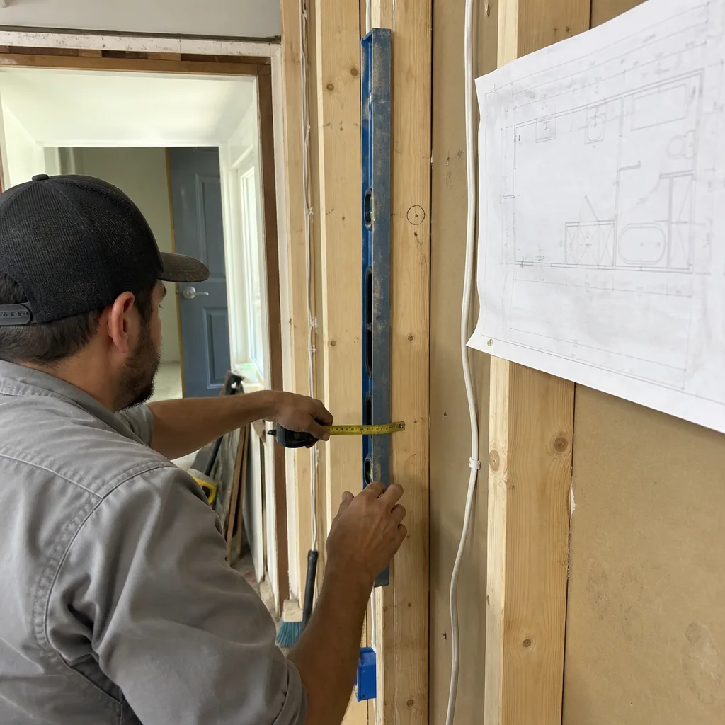 Contractor using a level and tape measure for residential wall framing