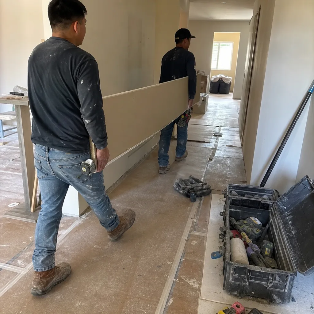 Two professional contractors carrying a large drywall sheet on a construction site