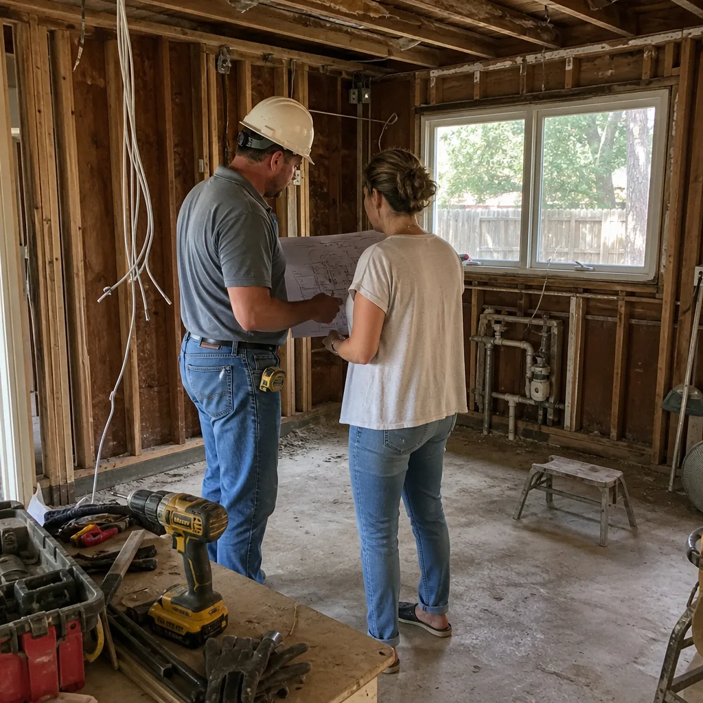 General contractor and client reviewing house renovation blueprints in unfinished room