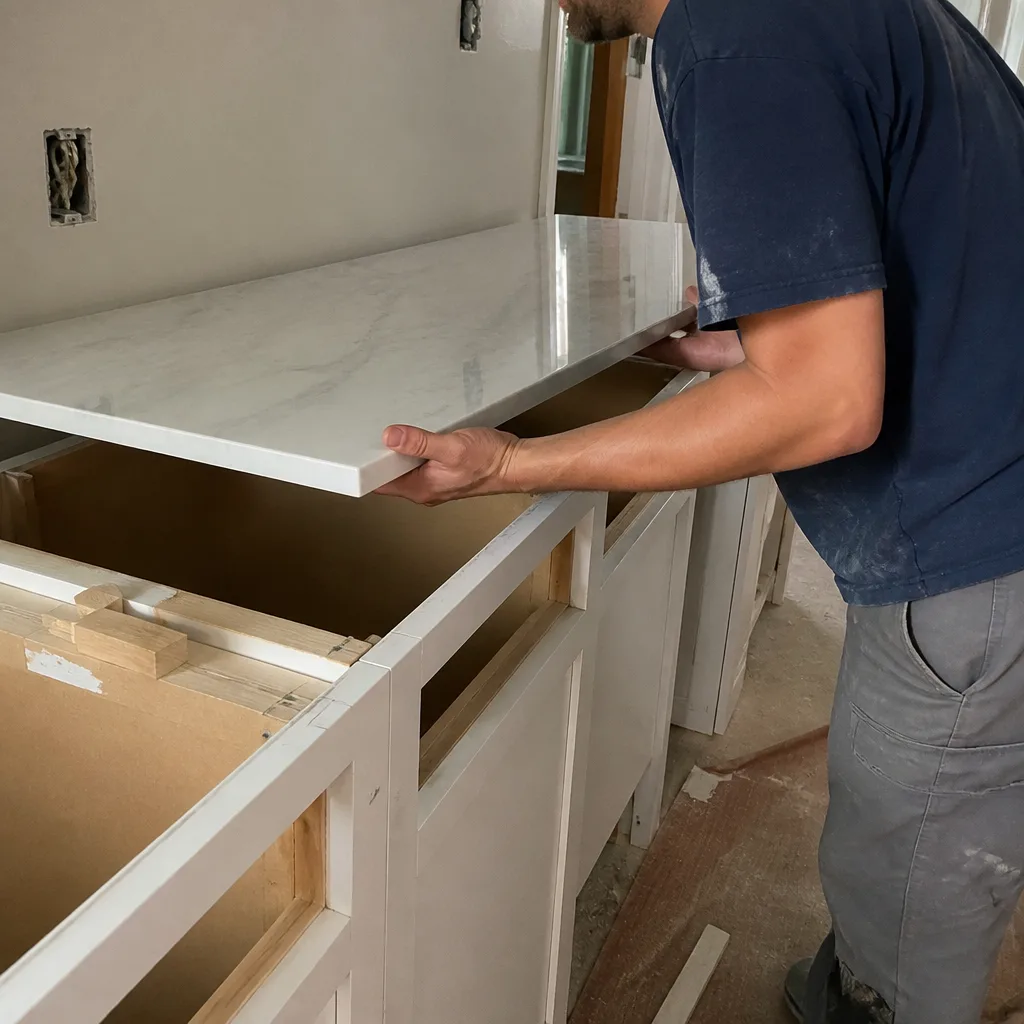 Professional contractor installing a marble kitchen countertop on new cabinets