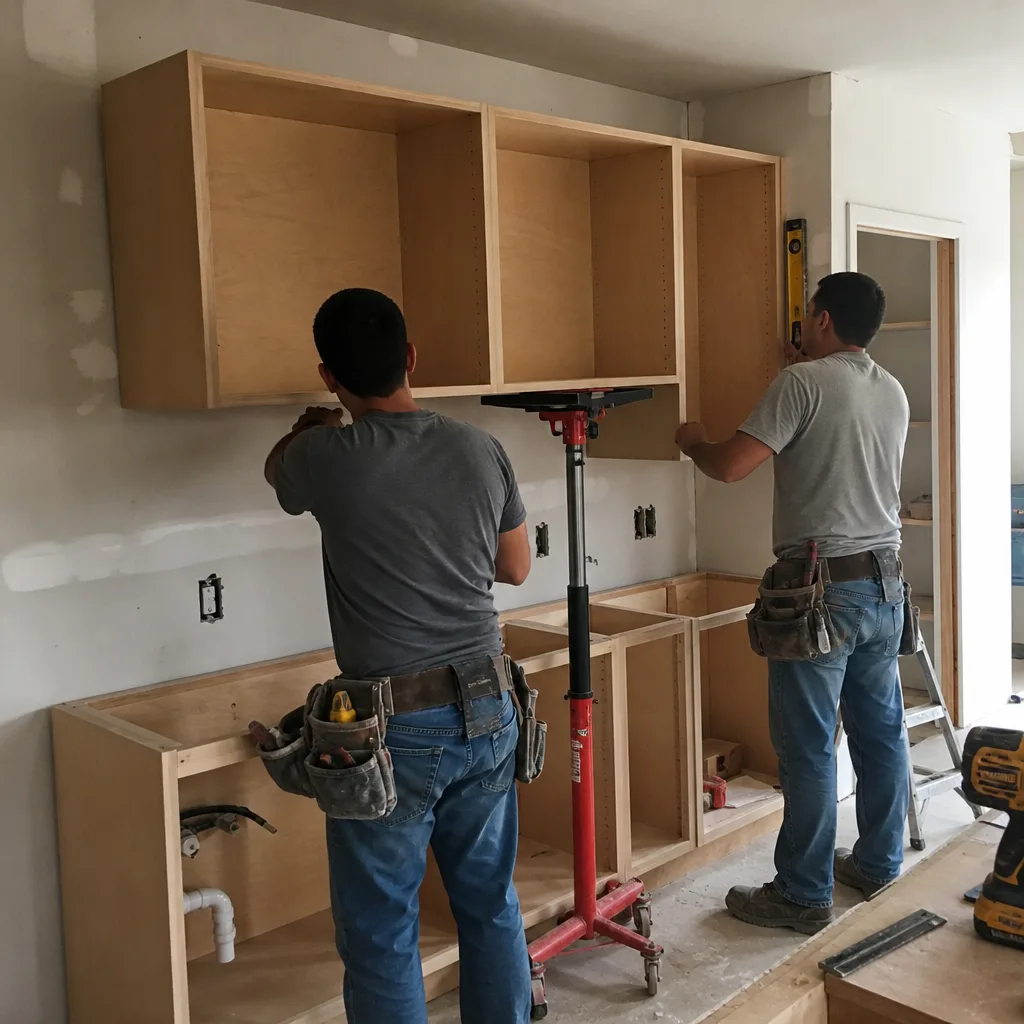 Two professional contractors installing custom kitchen wall cabinets.