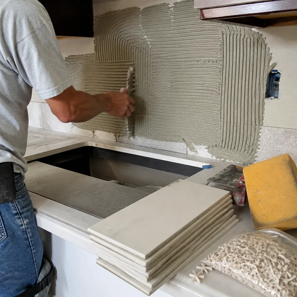Contractor applying thin-set mortar for a professional kitchen backsplash tile installation