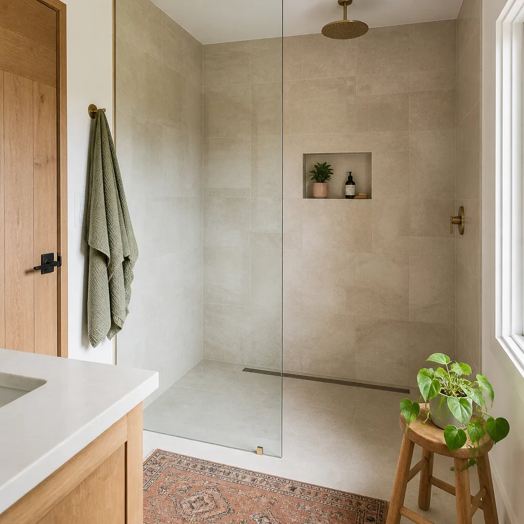 A walk-in shower with large-format tile and a built-in niche