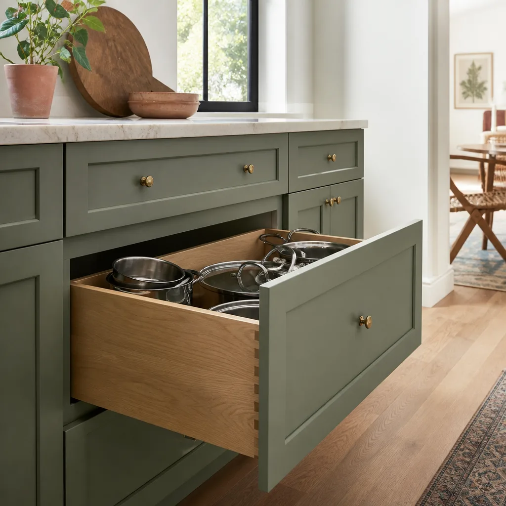 New painted shaker cabinets with an organized deep drawer